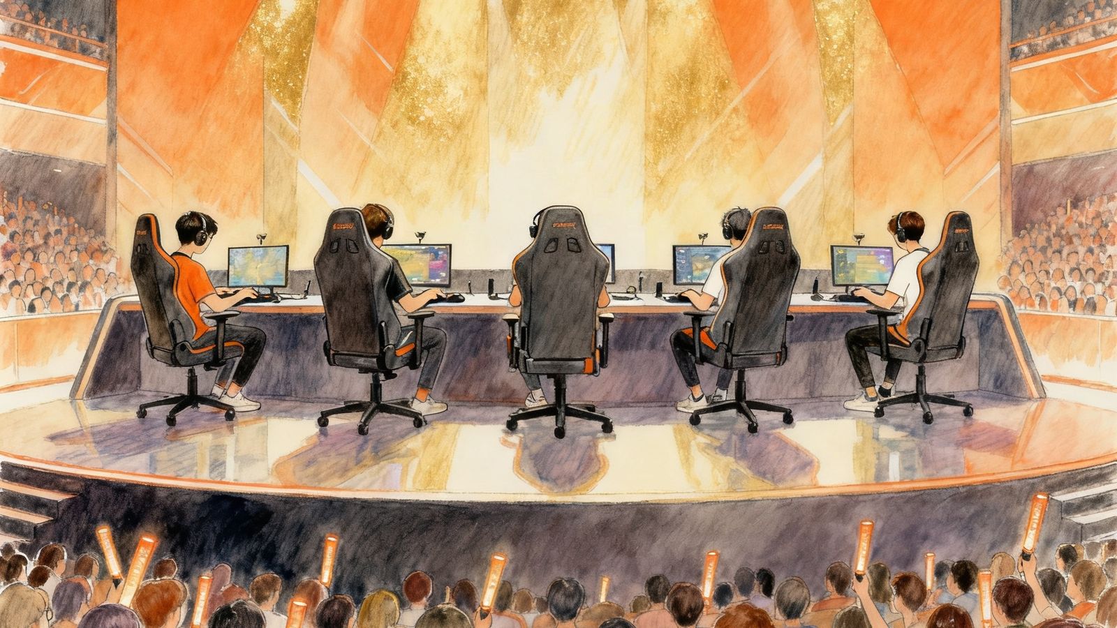 宽幅手绘插画展示电竞比赛舞台全景，五名选手坐在专业电竞椅上专注操作，舞台灯光以暖橙色和金色为主，台下观众席座无虚席挥舞应援棒，氛围热烈而温馨