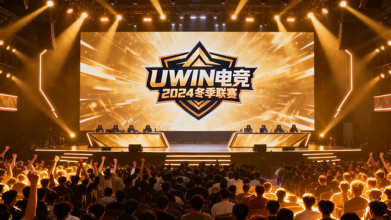 UWIN电竞2024冬季联赛开幕式现场，舞台中央LED大屏显示联赛标志，灯光以暖金色调为主，台下观众席人潮涌动