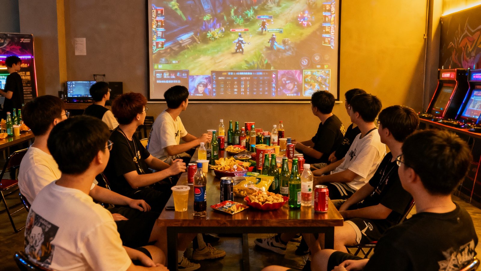 UWIN电竞广州线下观赛活动，数十名玩家围坐在投影屏幕前观看比赛直播，桌上摆满饮料和零食，气氛热烈友好