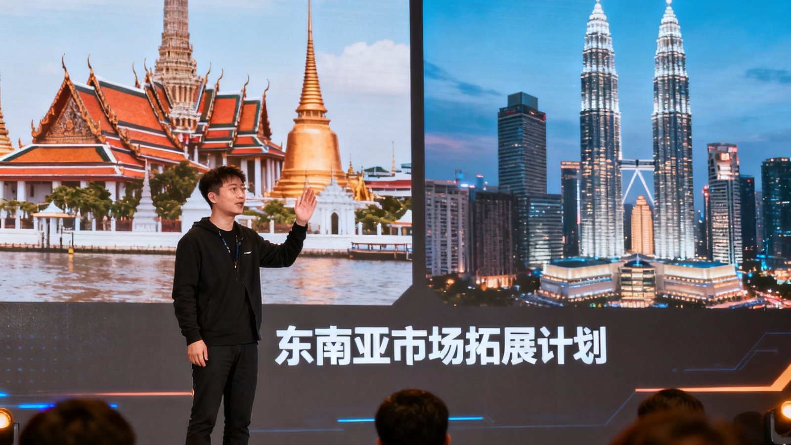 UWIN电竞国际化战略发布会现场，CEO陈子昂在台上宣布东南亚市场拓展计划，背景屏幕显示曼谷和吉隆坡的地标建筑