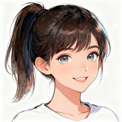 一位扎着高马尾的年轻女性玩家头像，眼神明亮充满活力，嘴角带着俏皮的笑意，手绘笔触柔和
